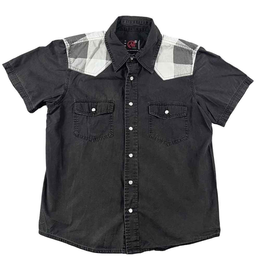 Chor Shirt Mens Small Black Buffalo Plaid Yoke Western Snap Short Sleeve Cotton